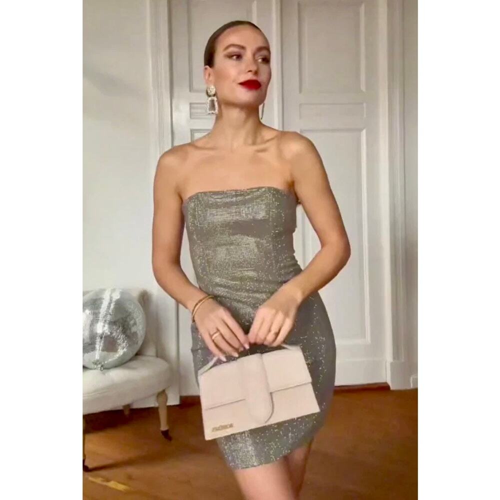 Zara Rhinestone strapless sparkly party dress taupe brown size Medium. in EUC